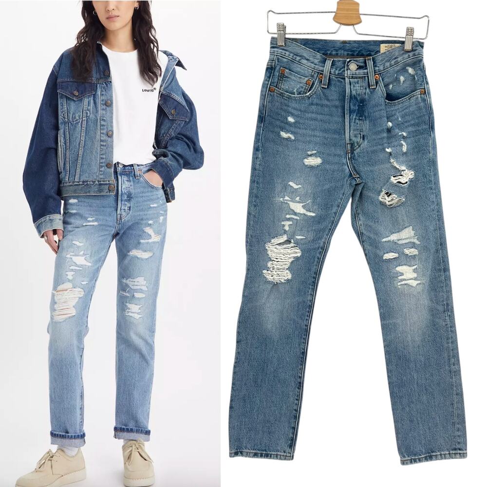 Levi's 501 Selvedge Jeans 150th Anniversary Light Indigo Wash Distressed Size 26
